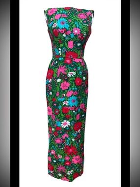 Vintage Vibrant Long Floral Print Linen Dress 1960’s EUC